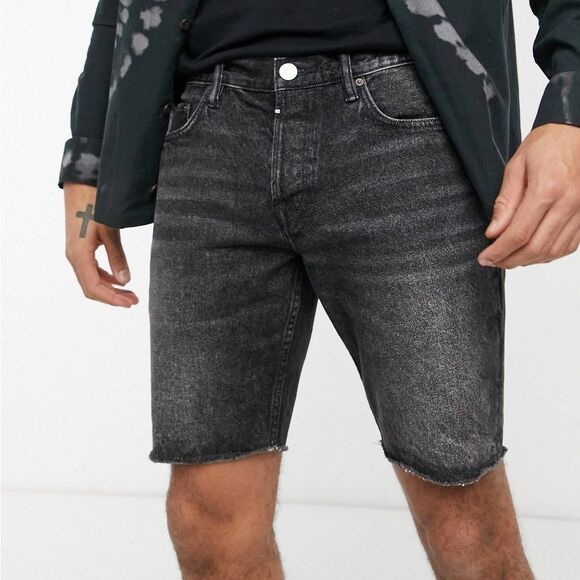 NWT AllSaints Size 28 Switch Raw Hem Shorts Washed Black Button Fly 9.5” Inseam
